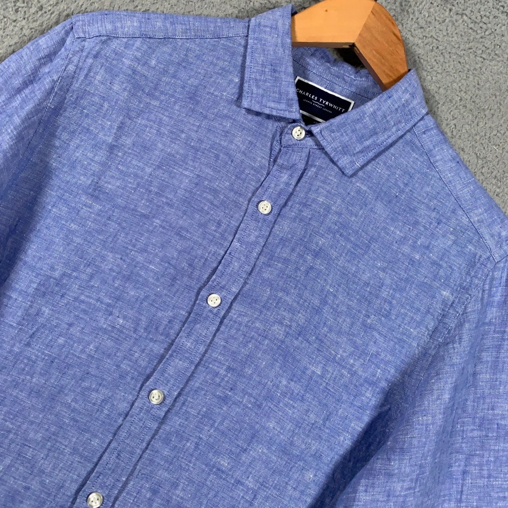 Charles Tyrwhitt Linen Shirt Mens Medium Blue Extra Slim Fit Long Sleeve Button
